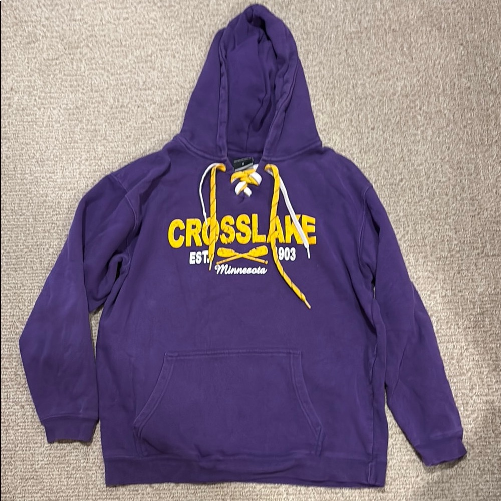 Crosslake MN Purple Hoodie with Yellow Drawstrings Size M